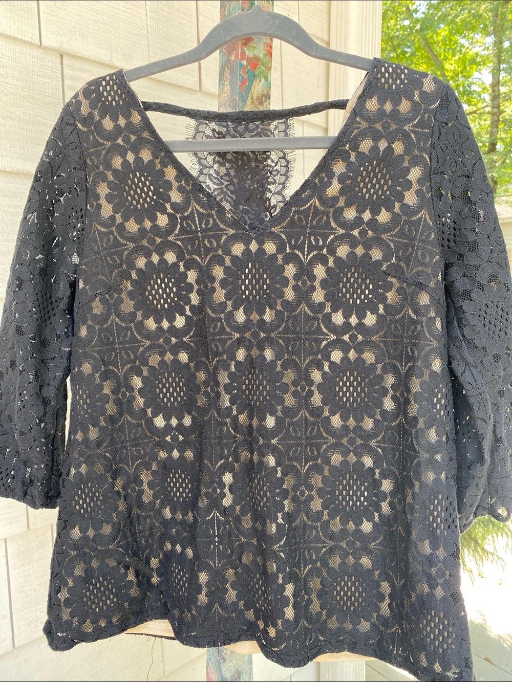 Skies Are Blue -Black Floral Crochet V-Neck Lace Blouse